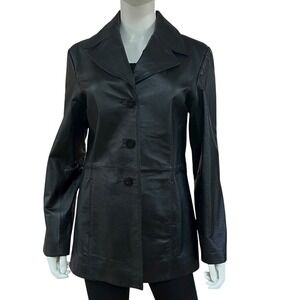 Worthington Black Genuine Leather Jacket Womens Medium‎ Button Front Lined Coat